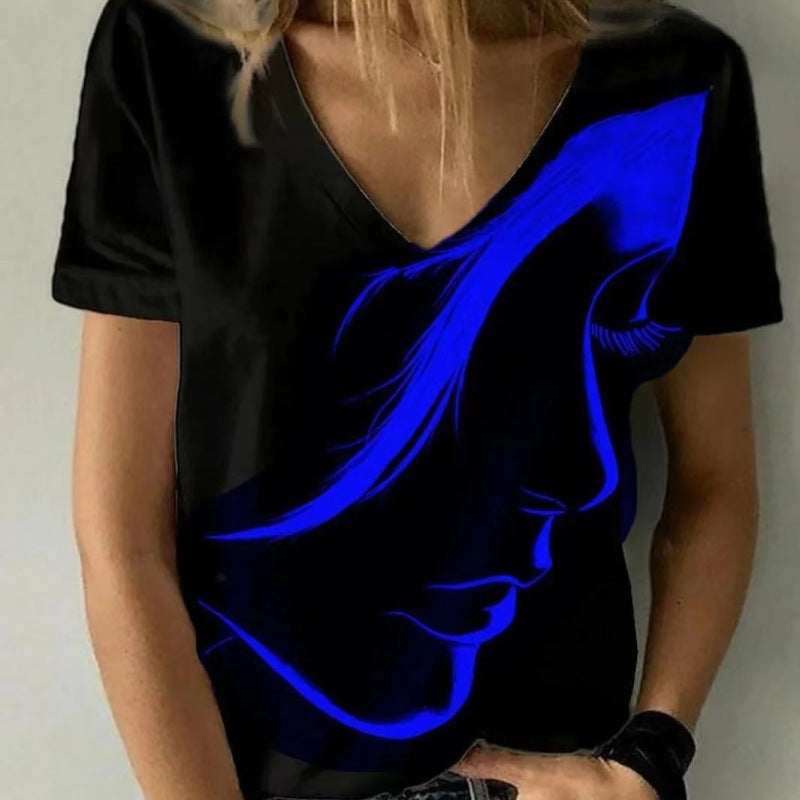 Camiseta básica de verano con cuello en V y estampado 3D de personajes informales para mujer