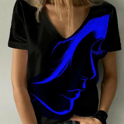 Camiseta básica de verano con cuello en V y estampado 3D de personajes informales para mujer