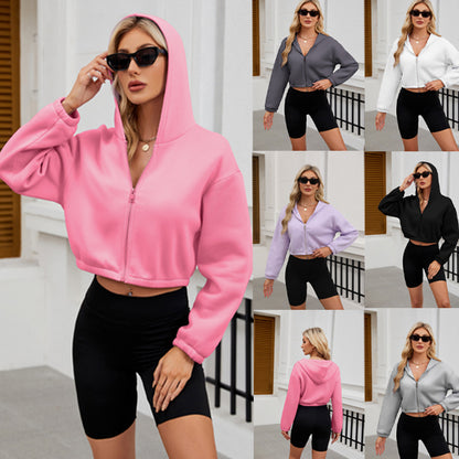 Autumn Winter Women Casual Solid Color Long Sleeve Zipper Hoodie