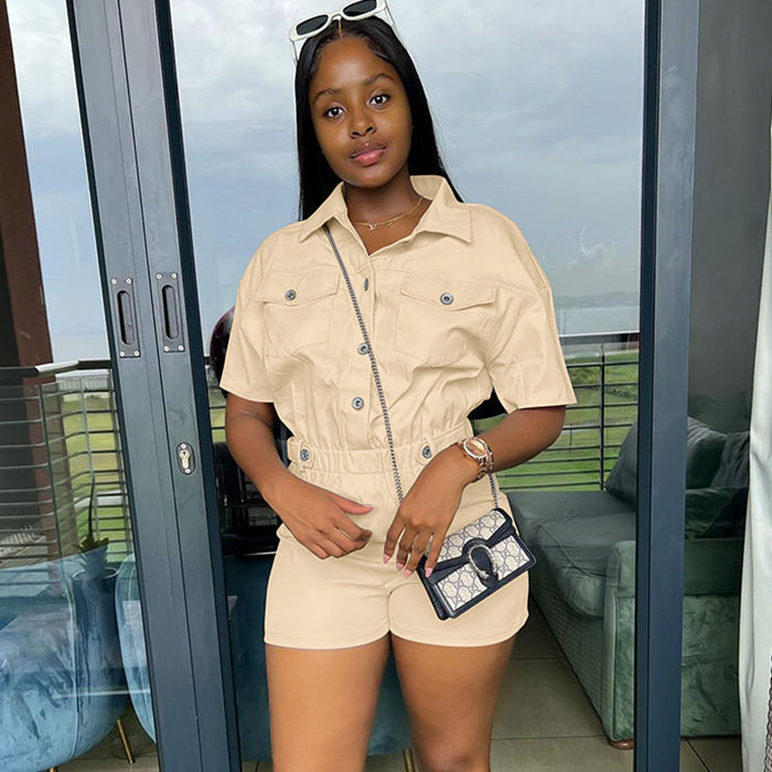 Women Summer Casual Style Single Breasted Buckle Pocket Short Sleeve Solid Cargo Rompers