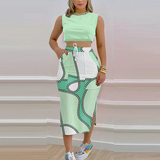 Casual Summer Vacation Sleeveless Crop Top And Stripe Print Side Slit Skirt Set