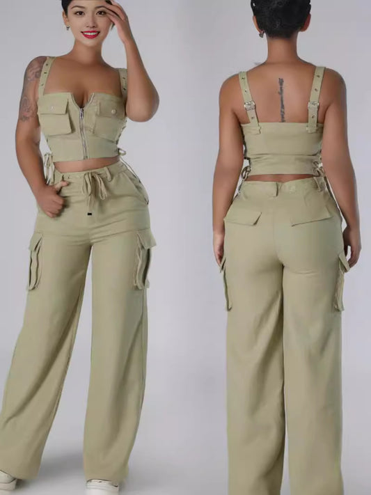 Conjunto de dos piezas de camisola informal de verano para mujer, con múltiples bolsillos y cremallera, cintura alta y pantalones cargo