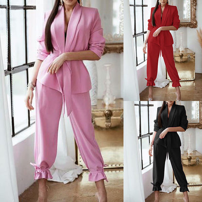 Traje de dos piezas con blazer y pantalón informal de color liso para mujer