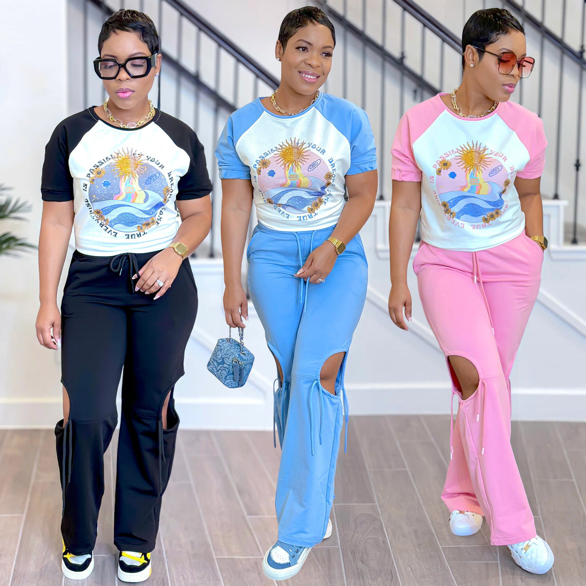 Conjunto de dos piezas para mujer, informal, con estampado, cuello redondo, manga corta, pantalones con abertura lateral