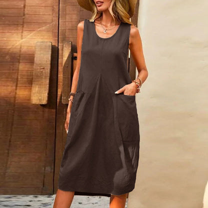 Women Casual Solid Color Cotton Linen Sleeveless Loose U-Neck Dress