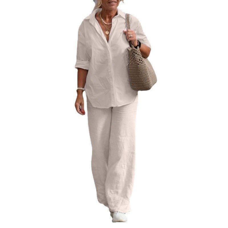Conjunto de blusa informal de manga larga con solapa y pantalones de color liso y pierna ancha para mujer