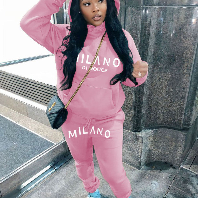 Athleisure Winter Women Loose Casual Letter Printing Long-Sleeved Hooded Sweatshirt Pants Two-Piece Set