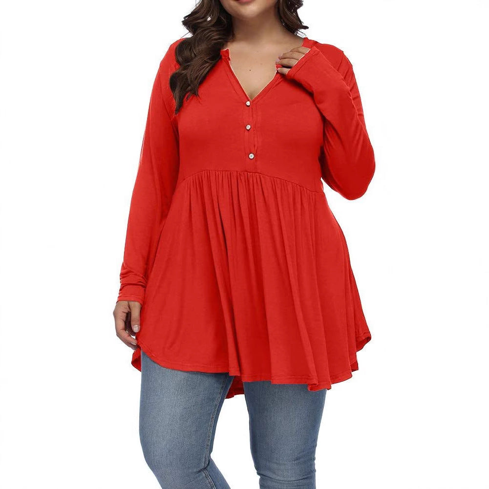 Camiseta informal de manga larga plisada con botones y escote en V de color liso para mujer, talla grande