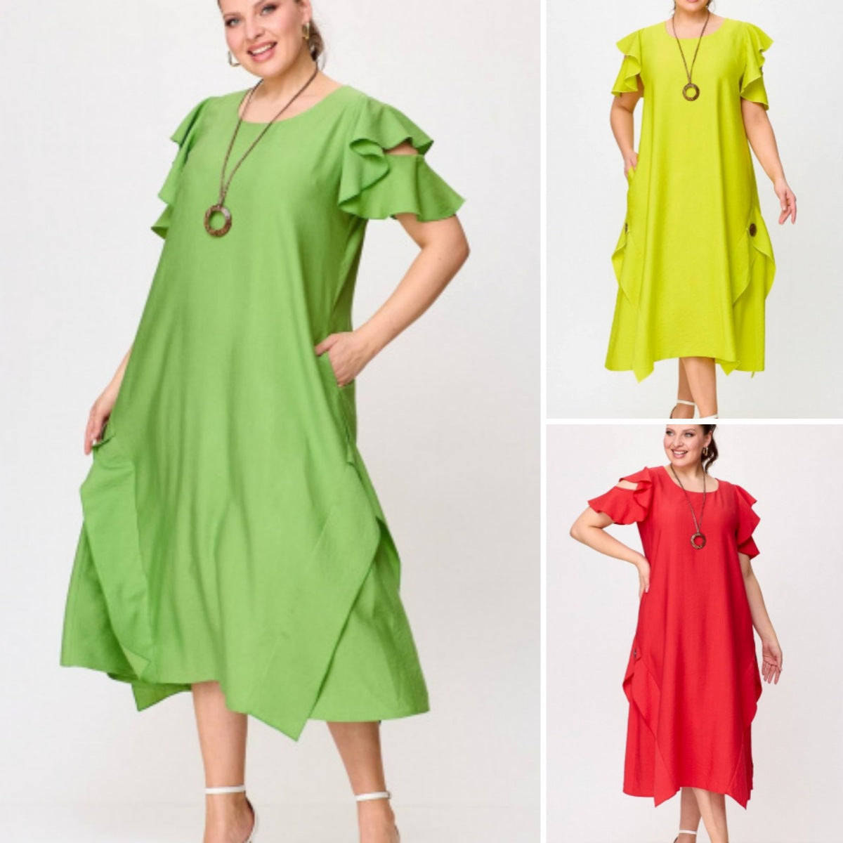 Summer Women Casual Solid Color Plus Size Ruffled Short Sleeve Dress