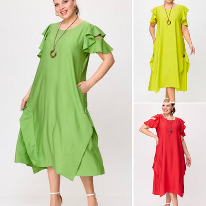 Summer Women Casual Solid Color Plus Size Ruffled Short Sleeve Dress