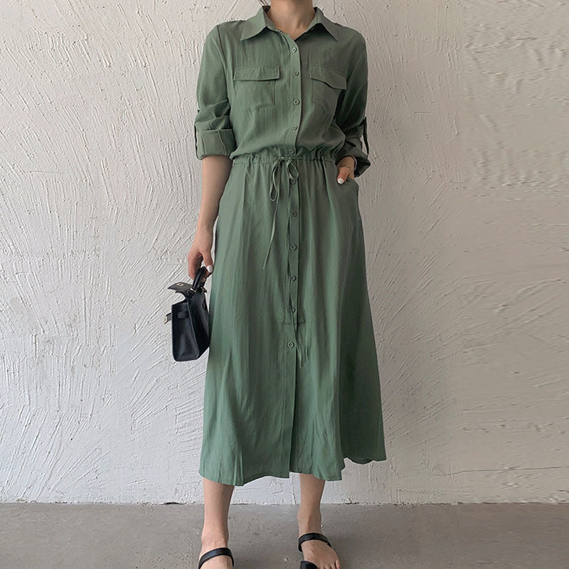Women Fashion Minimalist Casual Solid Color Lapel Short-Sleeve Drawstring Pocket Single-Breasted Dress