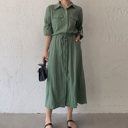 Women Fashion Minimalist Casual Solid Color Lapel Short-Sleeve Drawstring Pocket Single-Breasted Dress