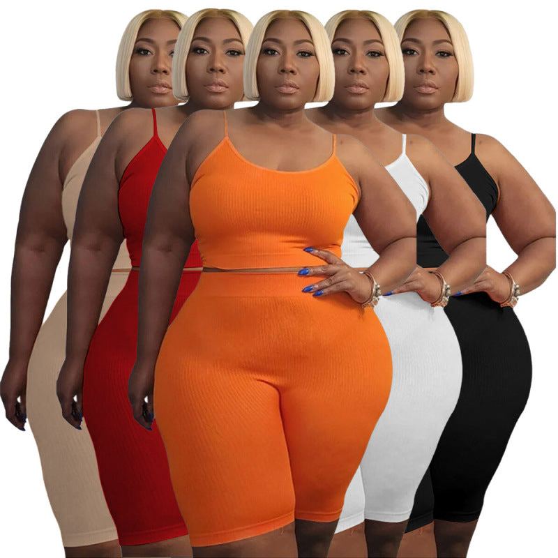 Plus Size Women Athleisure Casual Sports Two-Piece High Elastic U-Shaped Sleeveless Camis Shorts Set