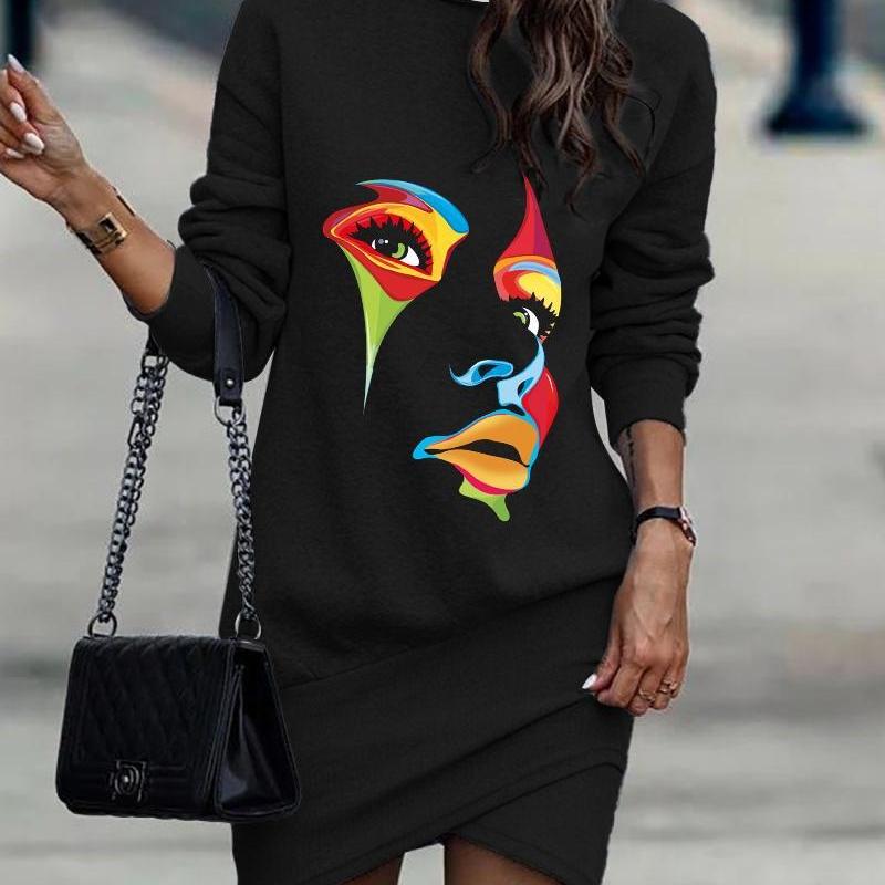 Winter Fashion Women Casual Skull Letter Printed Turtle Neck Long Sleeve Irregular Hemline Dress
