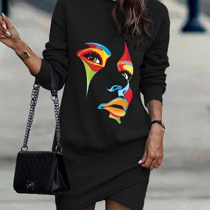Winter Fashion Women Casual Skull Letter Printed Turtle Neck Long Sleeve Irregular Hemline Dress