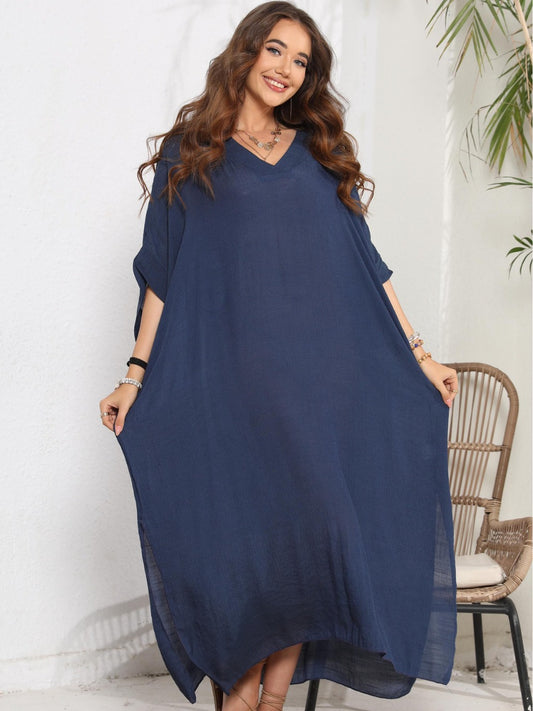 Summer Women Casual Solid Color V-Neck Loose Bikini Swimsuit Cover-Ups