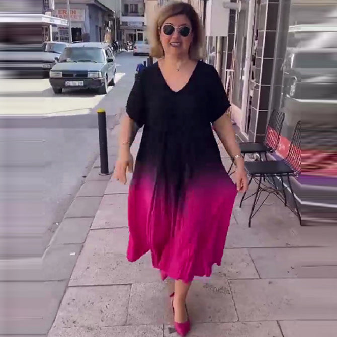 Summer Women Casual Loose Plus Size V-Neck Gradient Short-Sleeved Dress