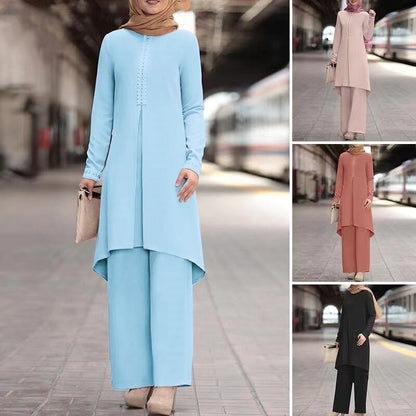 Conjunto informal de abaya de color liso con manga larga y encaje para mujer