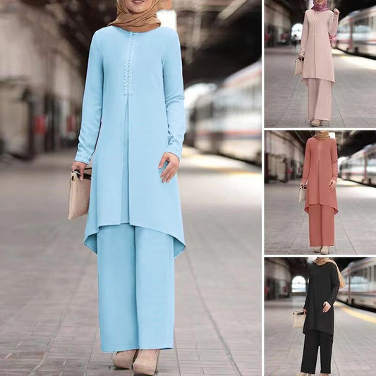 Conjunto informal de abaya de color liso con manga larga y encaje para mujer