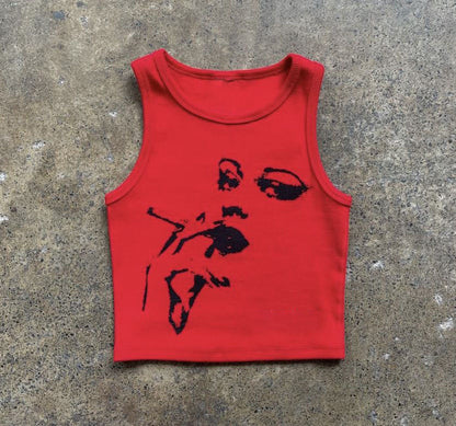 Women Fashion Basic Casual Sleeveless Round Neck Solid Color Printed Crop Tank Top