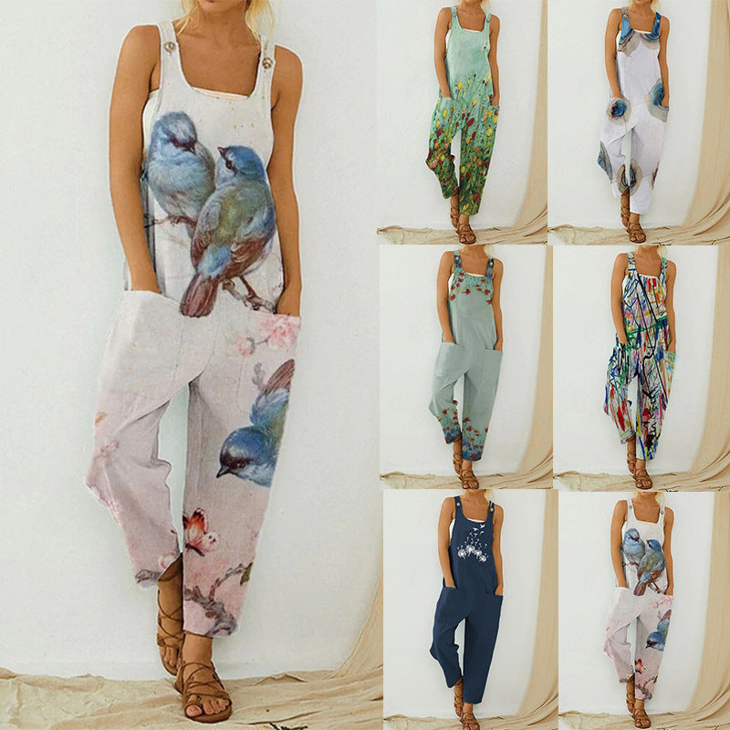 Summer Women Fashion Casual Abstract Printed Strap Jumpsuits