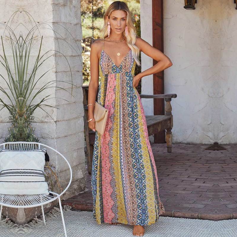 Women Bohemian Casual Vintage Sleeveless Backless V Neck Summer Beach Dress