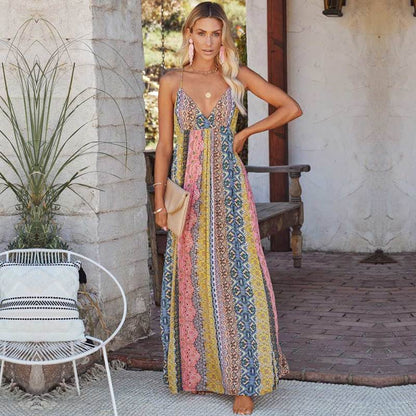 Women Bohemian Casual Vintage Sleeveless Backless V Neck Summer Beach Dress