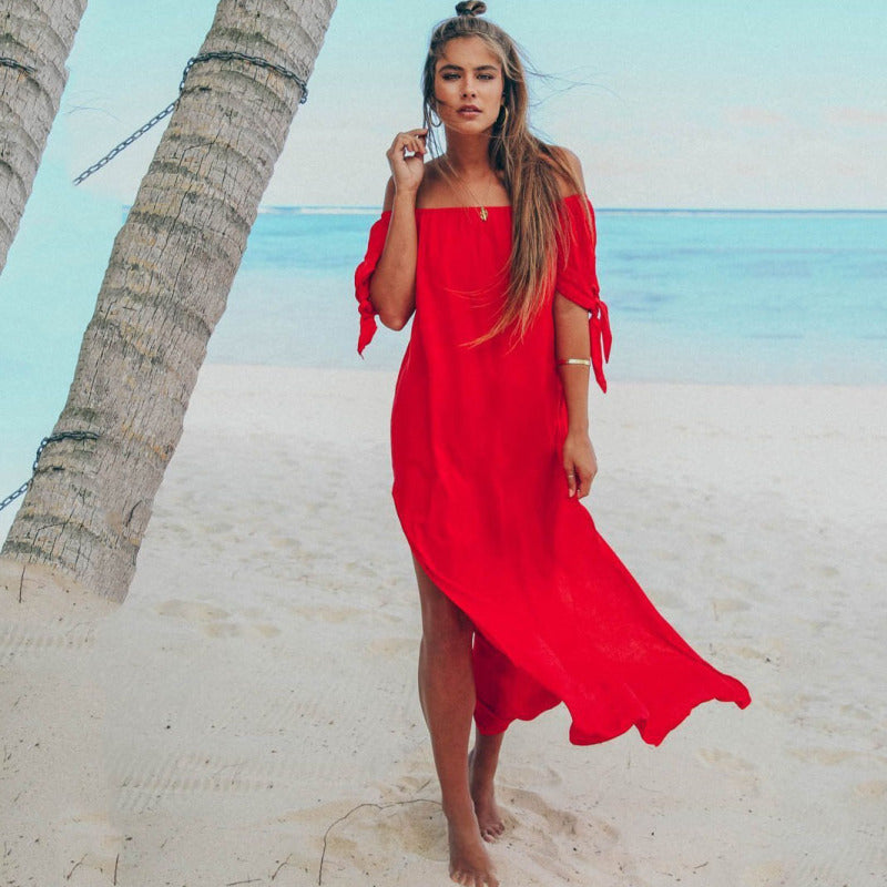 Women Fashion Casual Solid Color Boat Neck Short Sleeve Slit Long Dress