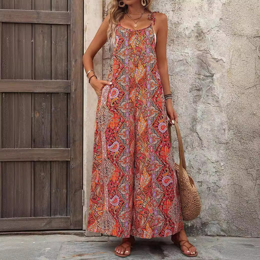 Women Casual Vacation Printed Sleeveless Camisole Lace-Up Wide Leg Jumpsuits