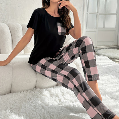 Conjunto de pijama informal a cuadros para mujer de dos piezas