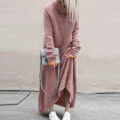 WomenAutumn And Winter Fashion Casual Plush Solid Color High Collar Long Sleeve Maxi Dress