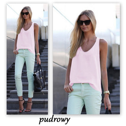 Women Casual Chiffon Solid Color Sleeveless U-Neck Tanks