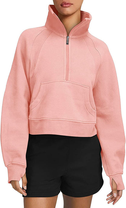 Women Casual Solid Color High Lapel Pocket Zipper Sweatshirt