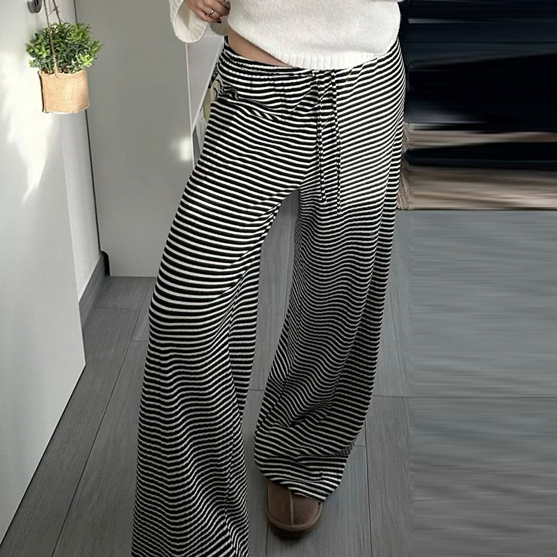 Women Fashion Casual Stripe High-Waist Lace-Up Loose Pants
