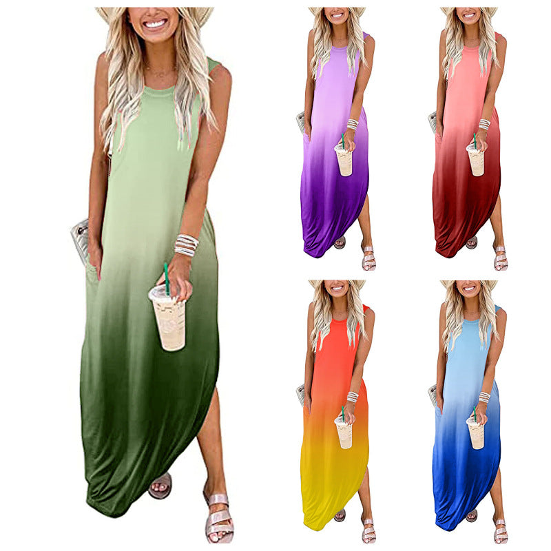 Women Casual Vacation Summer Round Neck Sleeveless Gradient Color Pocket Maxi Dress