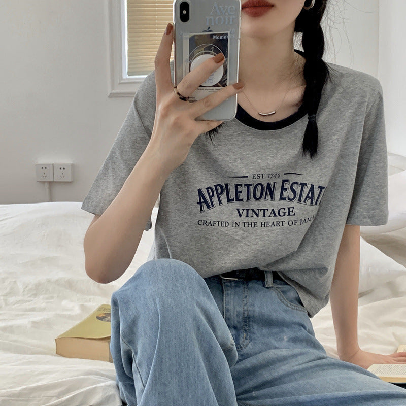 Camiseta informal de manga corta con cuello redondo y estampado de letras para mujer