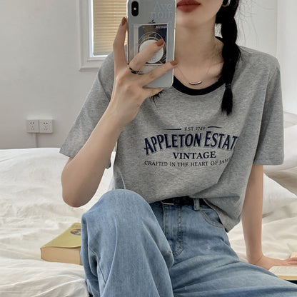 Camiseta informal de manga corta con cuello redondo y estampado de letras para mujer