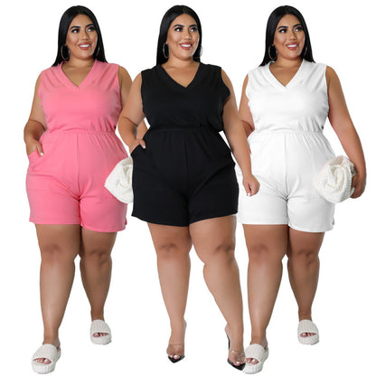 Plus Size Women V-Neck Solid Color Sleeveless Pockets Casual Waist Rompers