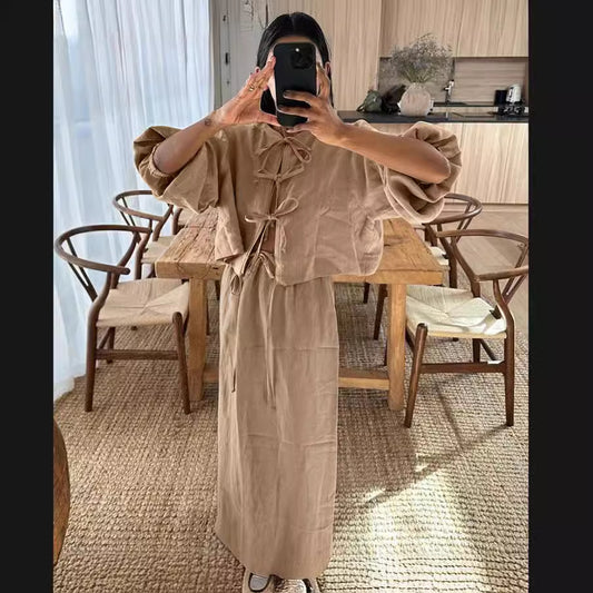 Conjunto de dos piezas formado por top y falda de manga larga, cuello redondo, encaje y aberturas para mujer, moda de verano