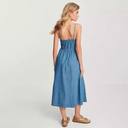 Vestido camisola vaquera informal de moda para mujer, holgado, sin espalda, con una sola botonadura