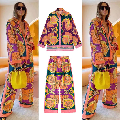 Conjunto de 2 piezas formado por blusa y pantalón, camisa y pantalón, con cintura elástica y estampado informal para mujer