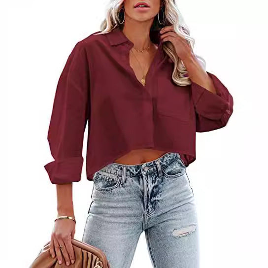 Blusa informal de manga larga con solapa y hebilla de color liso para mujer