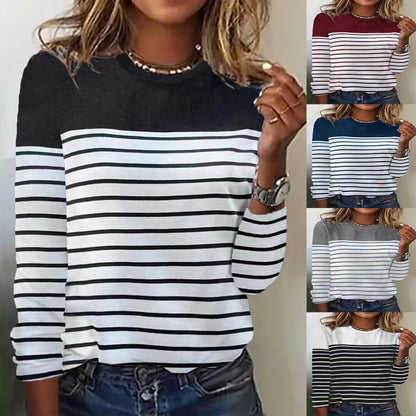 Camiseta informal de manga larga con estampado de rayas y cuello redondo para mujer