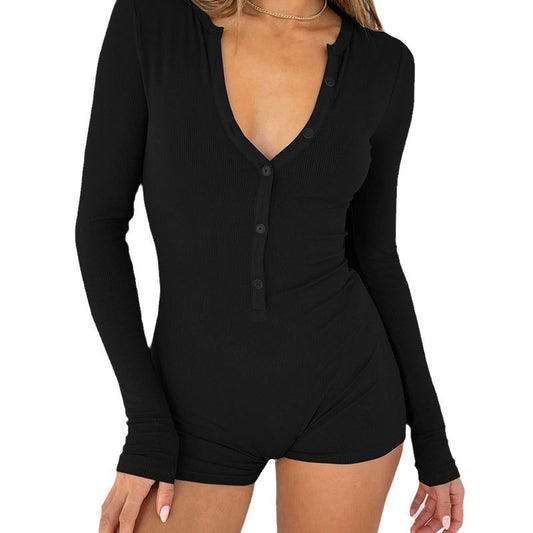 Women Casual Solid Color V-Neck Long Sleeve Rompers