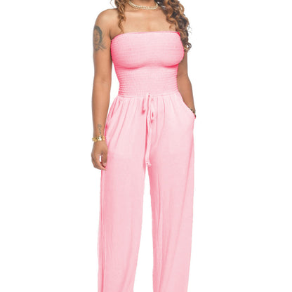 Women Casual Flat Shoulder Wrap Chest Wide Leg Jumpsuit