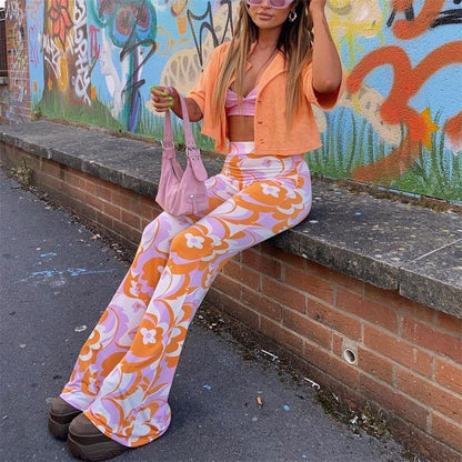 Summer Fashion Printing High Waist Slim Fit Women Casual Bootcut Pants