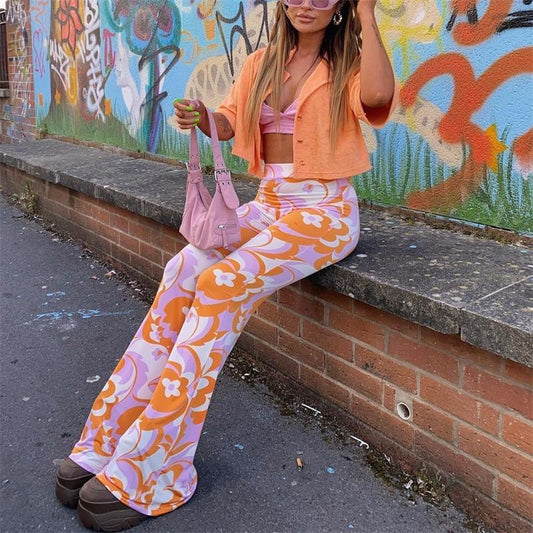 Summer Fashion Printing High Waist Slim Fit Women Casual Bootcut Pants