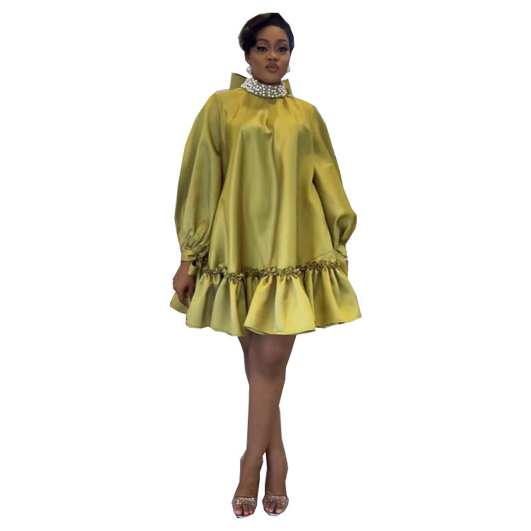 Women Casual Loose Solid Color Long Sleeve Pearl Bowknot Dress