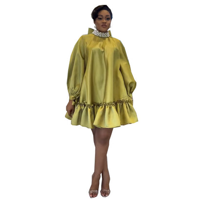 Women Casual Loose Solid Color Long Sleeve Pearl Bowknot Dress