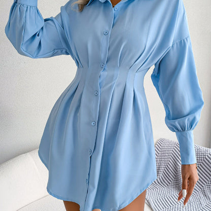 Women Casual Lantern Sleeve Single Breasted Waist Irregular Solid Color Shirt Dress